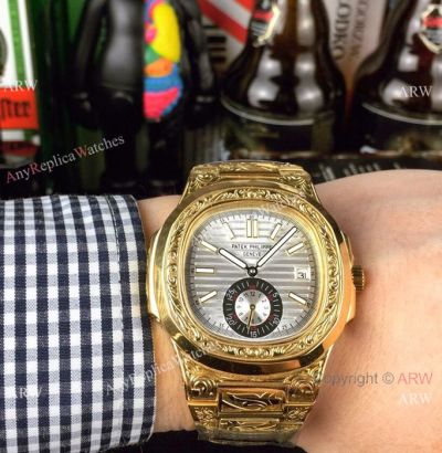 New Fake Patek Philippe Nautilus Silver Face Yellow Gold Men Watch For Sale